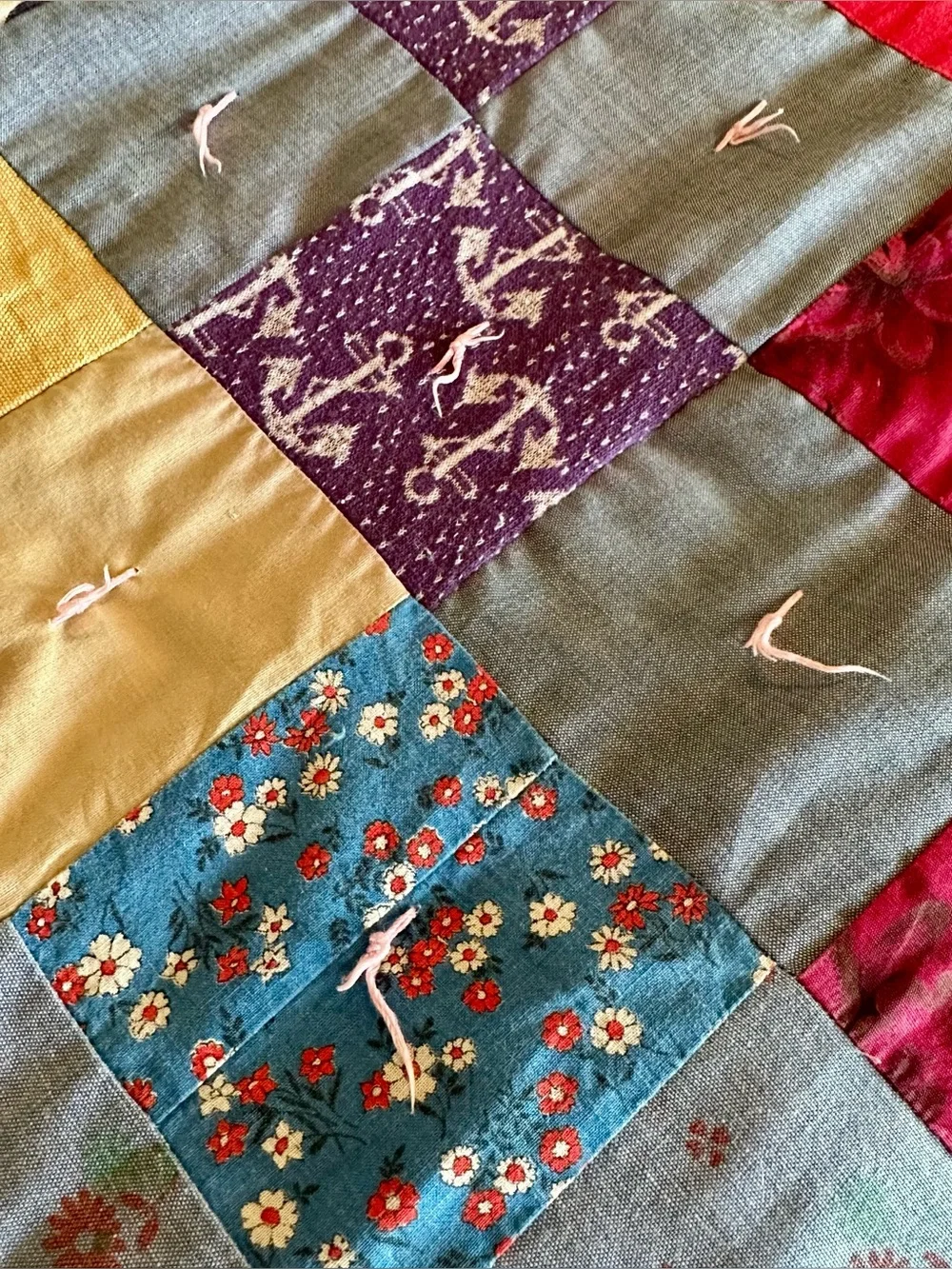 Patchwork Quilt Hand Knotted Approx. 78”x81” Full/Dbl. Photographed on Queen bed